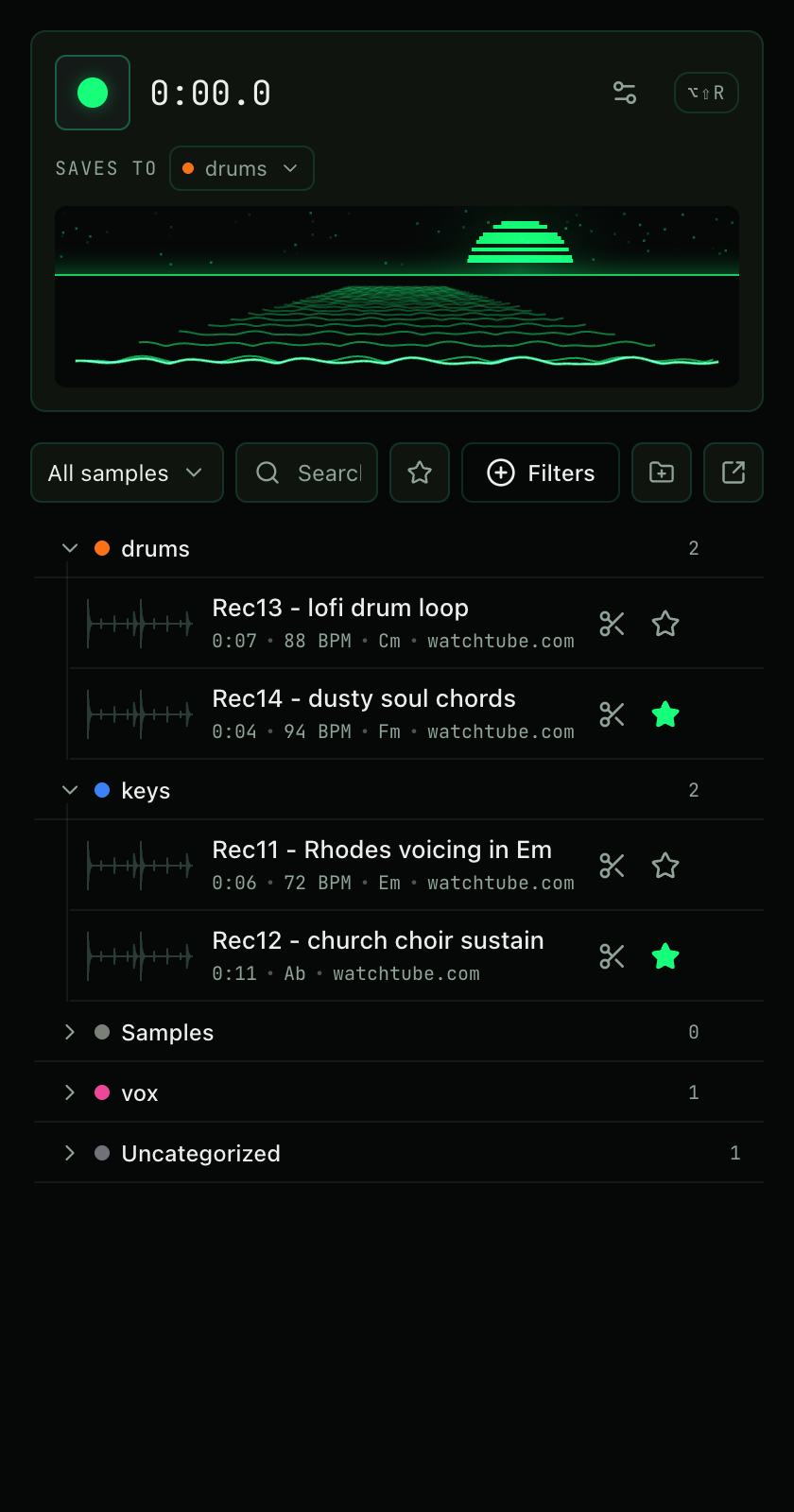 The side panel: recorder with live oscilloscope, default save folder, and a library organized in colored folders with waveforms, BPM and key