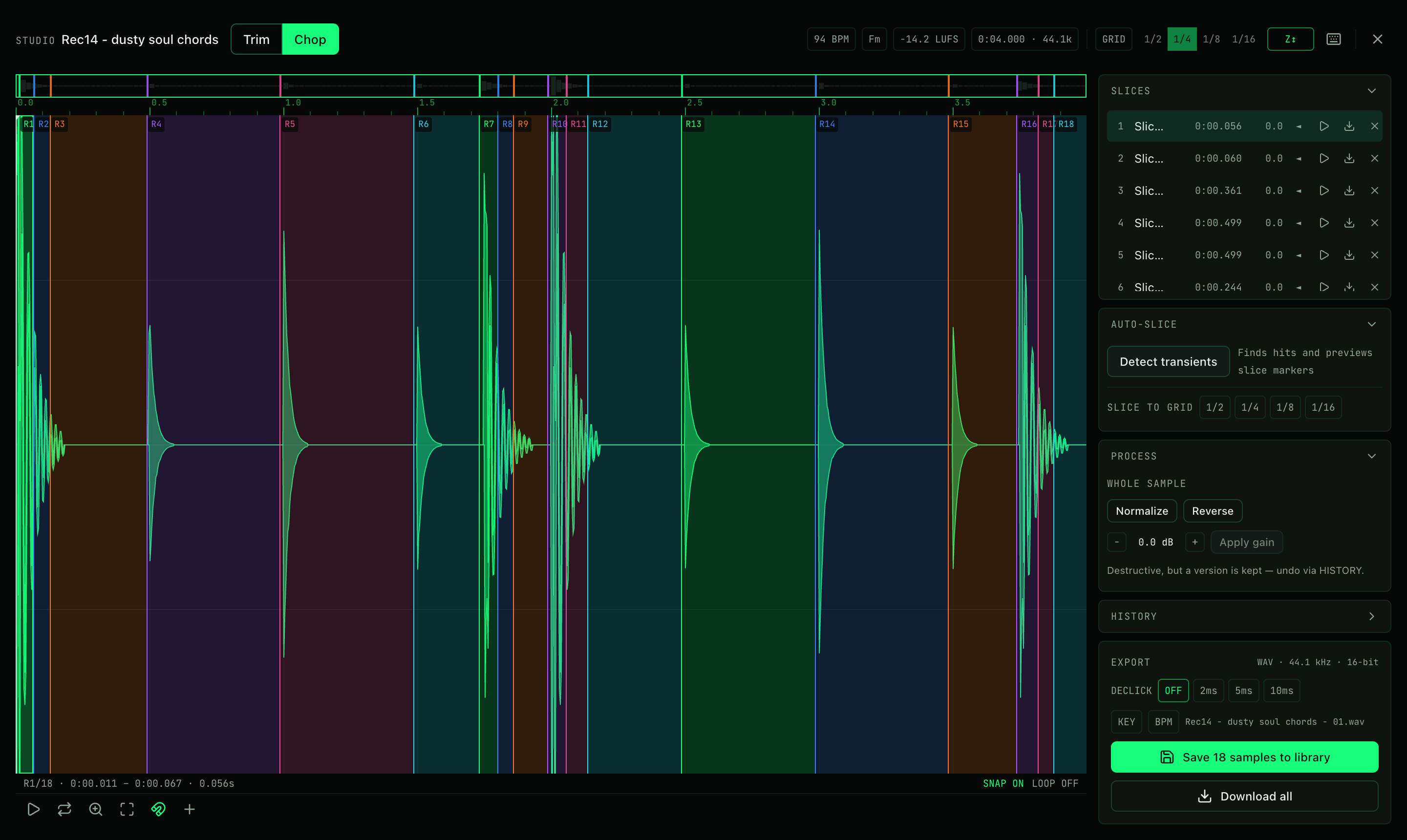 The Studio editor: a chopped drum break with 18 colored slices, per-slice play and export, transient detection and beat-grid slicing